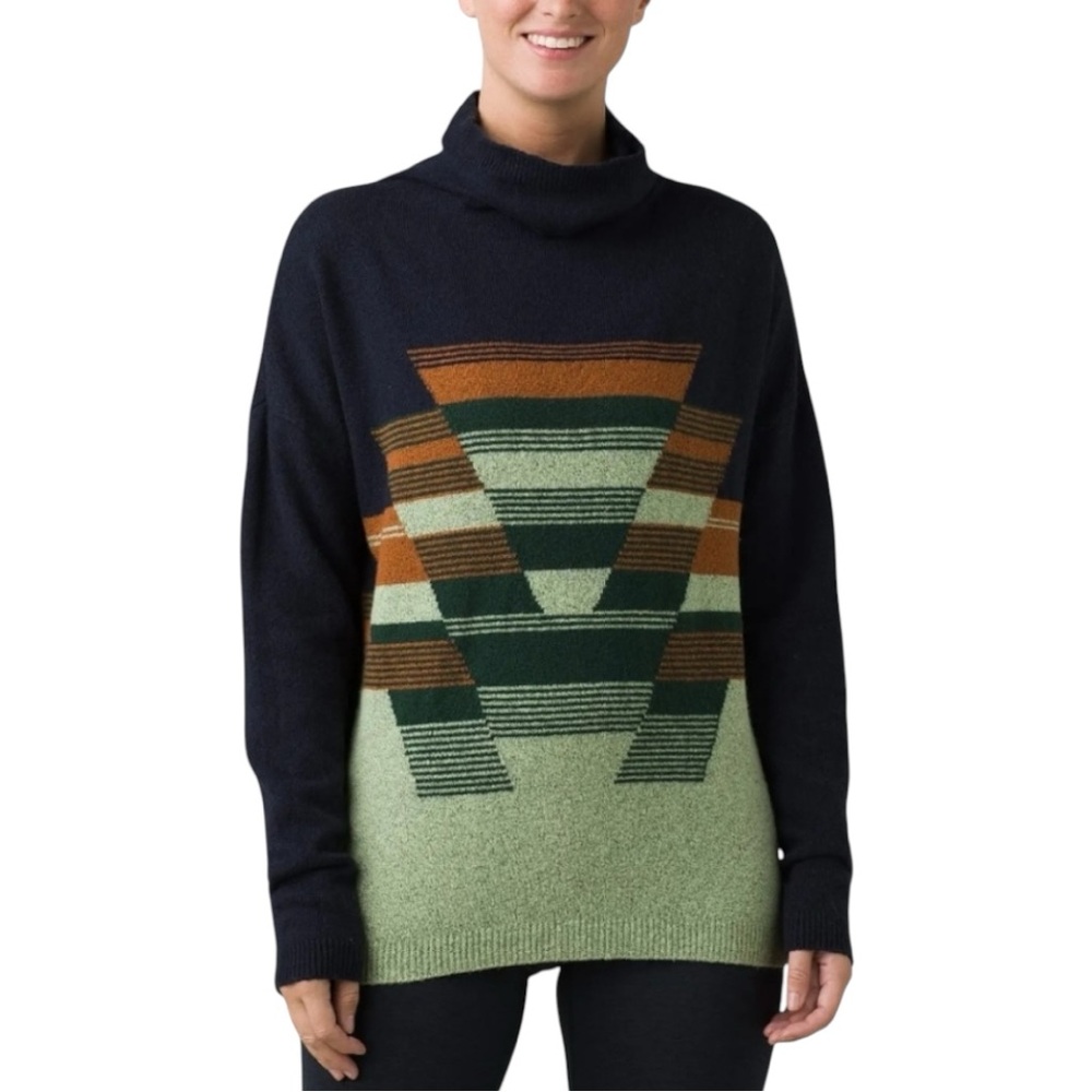 Prana Navy Cowlneck Sweater with Green, Orange, Brown Geometric Pattern - Picture 5 of 10